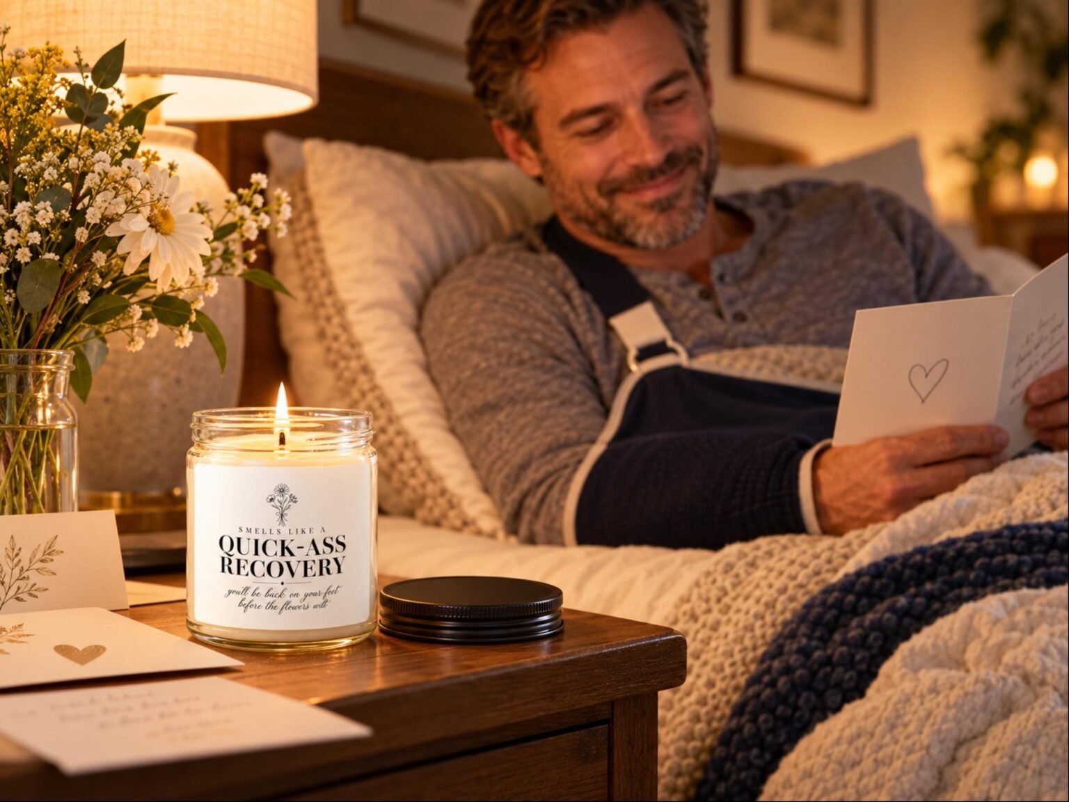 Man laughing in bed next to a Smells Like a Quick-Ass Recovery candle