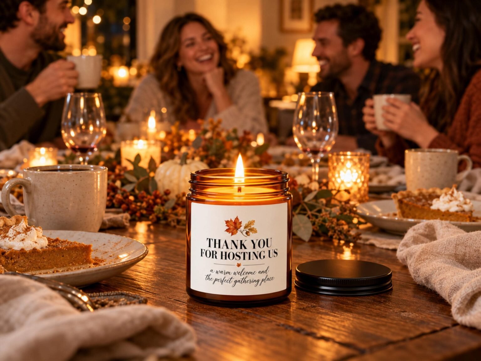 Friends sharing dinner with a Thank You for Hosting Us soy candle on the table