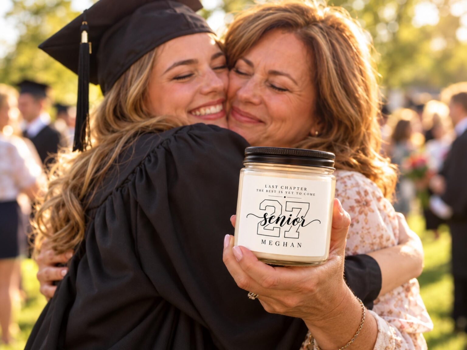 Graduate hugging her mom while holding a personalized Senior 2027 candle