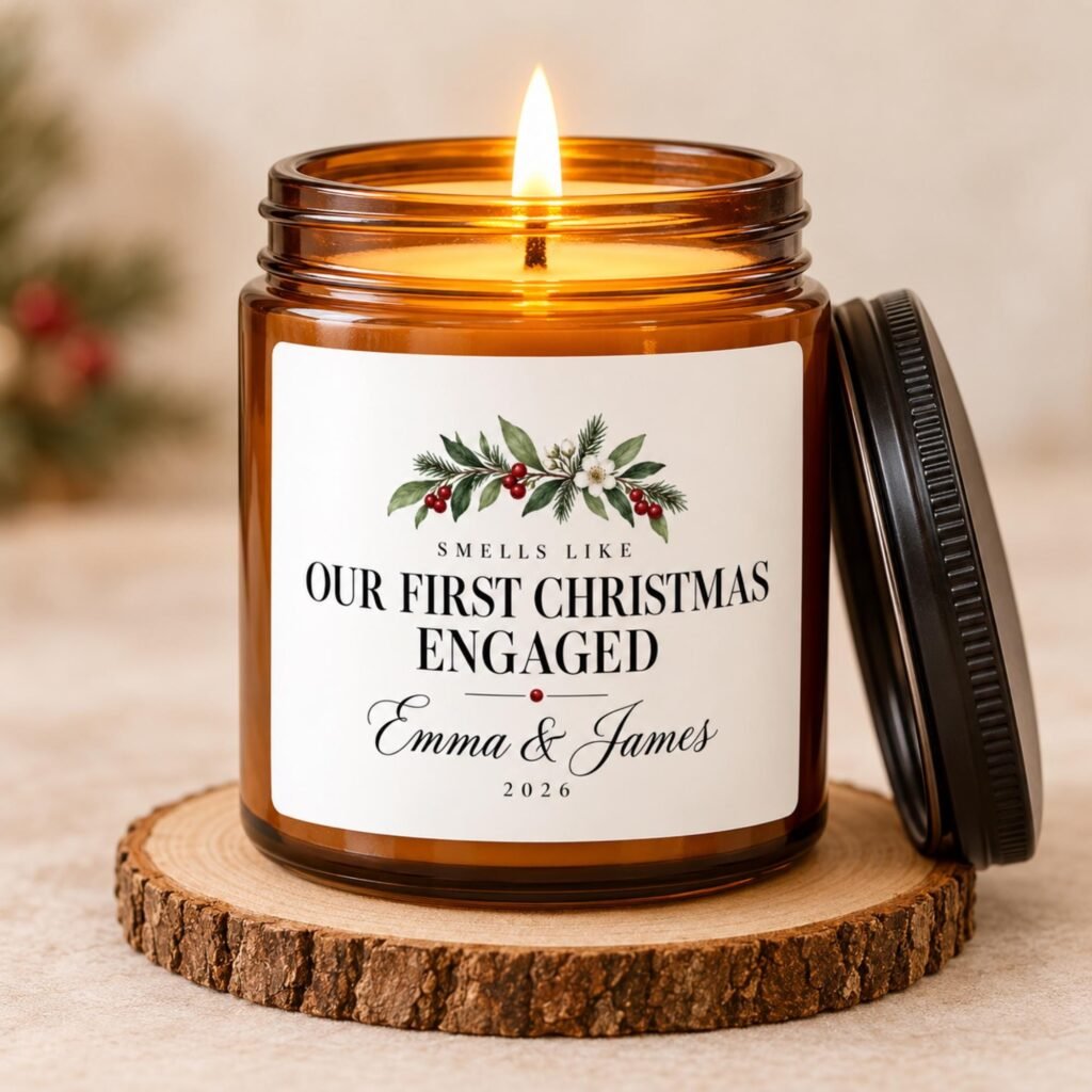 Our First Christmas Engaged personalized soy candle with names Emma and James